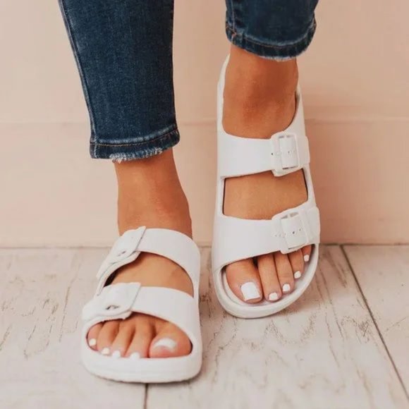 NEW Adjustable Double Buckled Straps Comfy Slip On Slides Slippers Sandals White - Picture 1 of 12